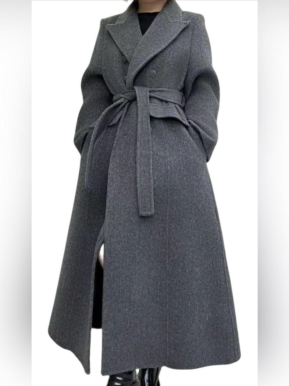 Women’s Long Wool Blend Coat Belted A-Line Double Breasted Trench Pea Coat